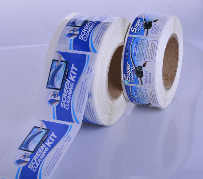 Screen cleaning kit packaging glossy vinyl sticker labels rolls printing manufacturer supplier